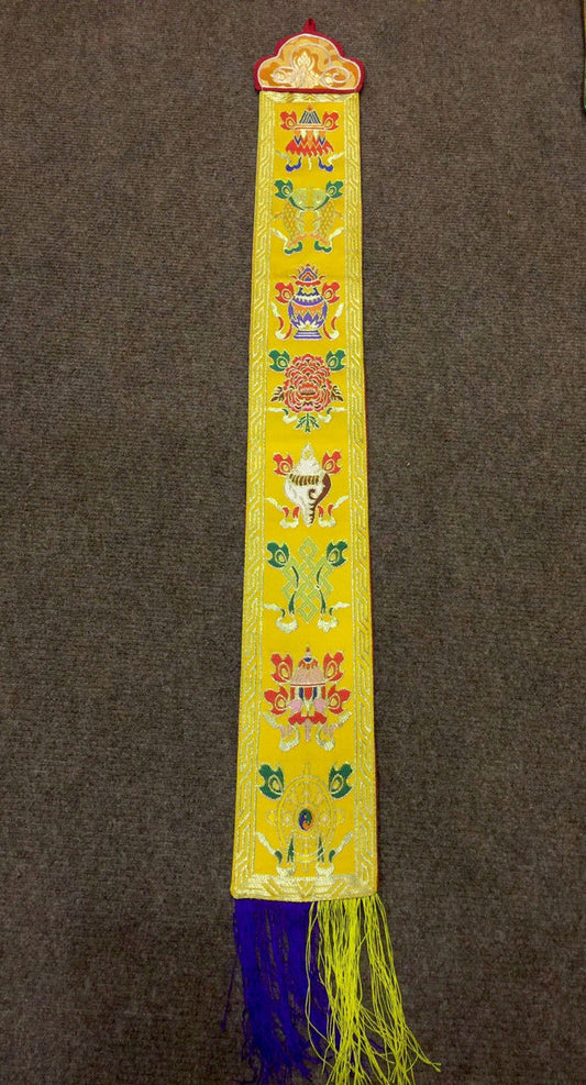 Petit symbole de bon augure du bouddhisme tibétain, brocart de soie jaune, tenture murale
