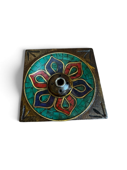 Buddhist Antique Finish Square Incense Holder – Handmade in Nepal, Turquoise, Lapis & Red Inlay