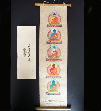 Tibetisch-nepalesischer handgemachter Wandbehang mit fünf Buddhas aus Loktapapier