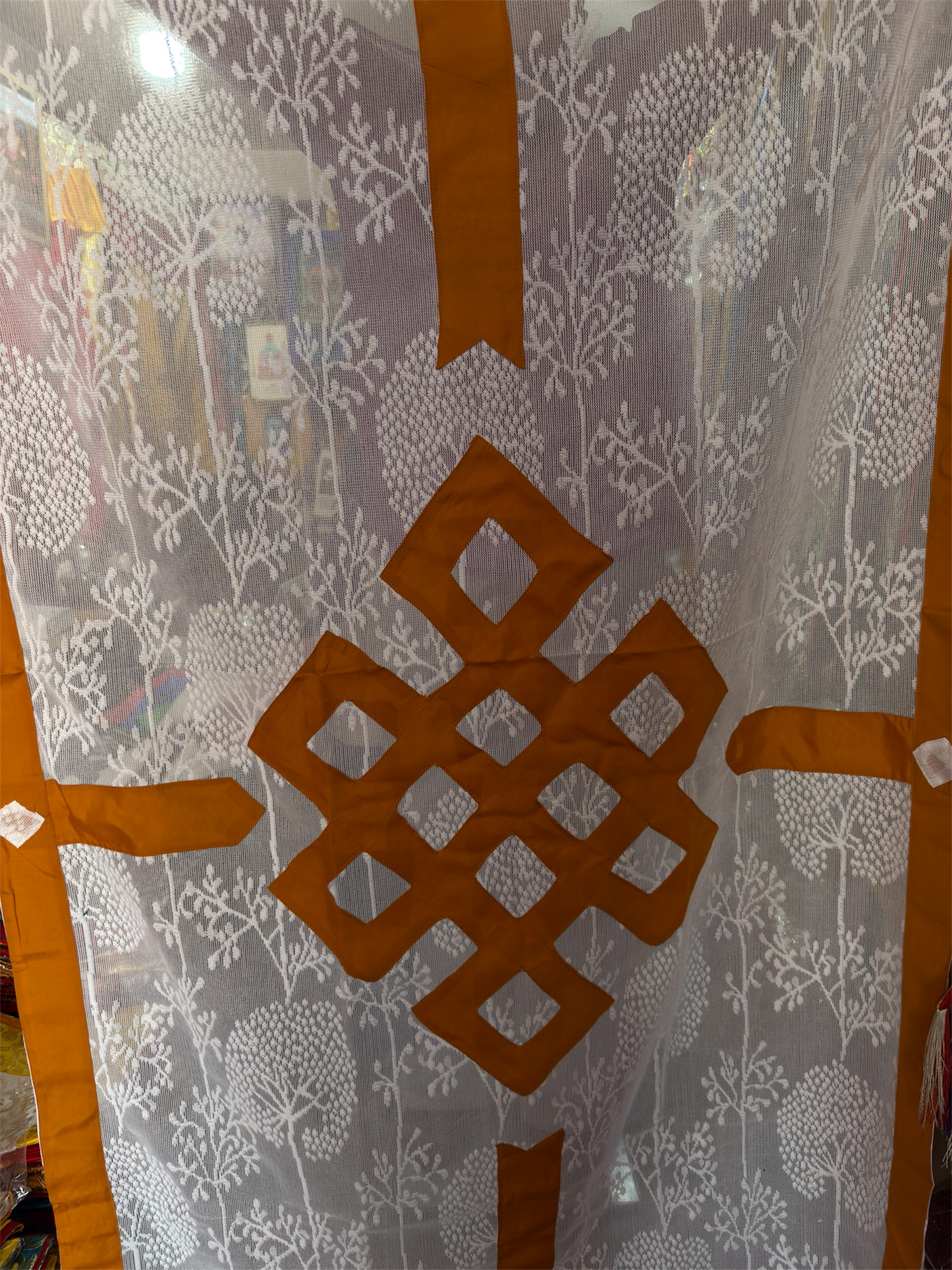 Tibetan buddhist lacy / net endless knot dark yellow door curtain / door hanging