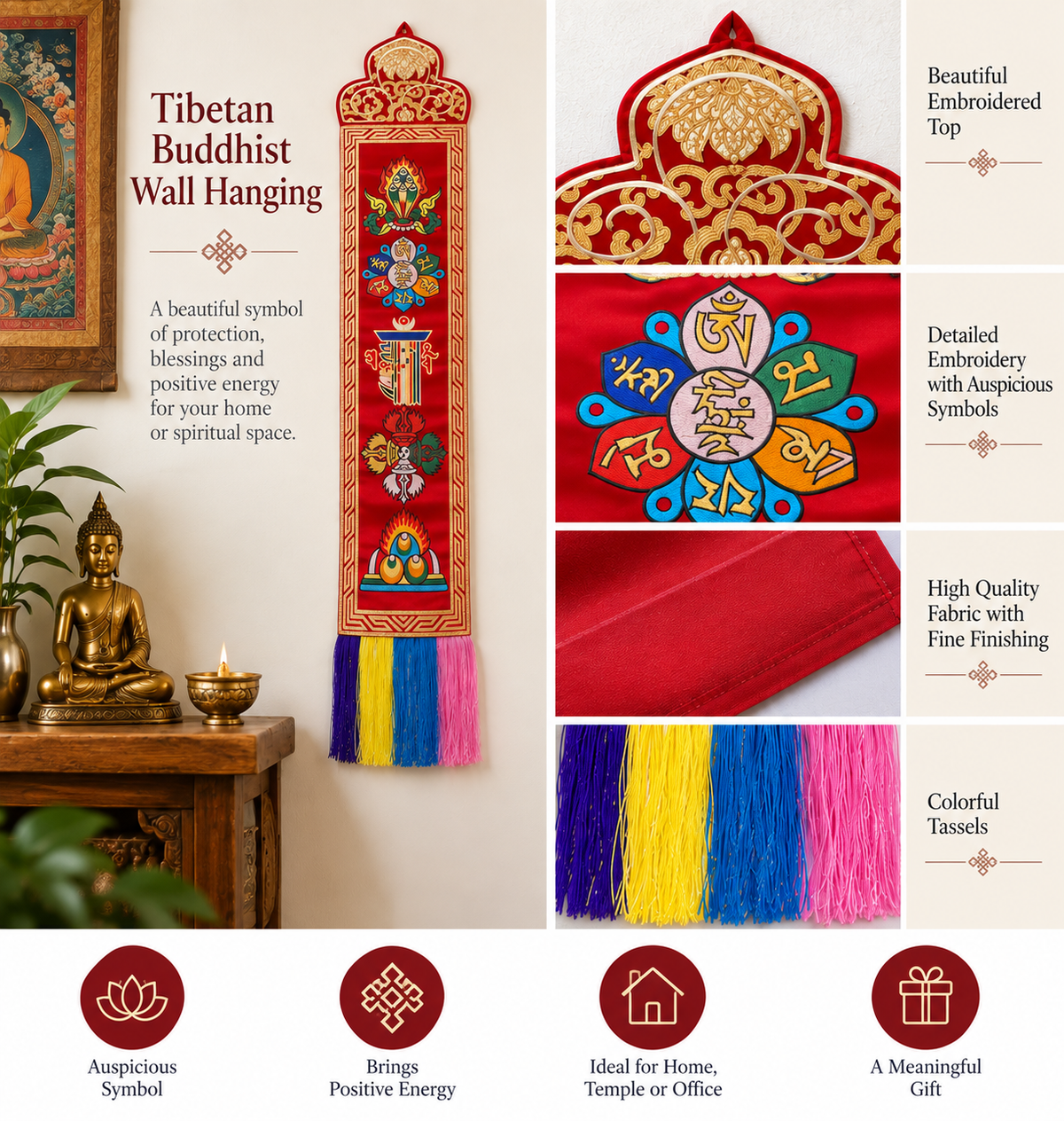 Free USA shipping Tibetan Buddhist Auspicious Wall Hanging – Embroidered Red Wall Decor with Colorful Tassels