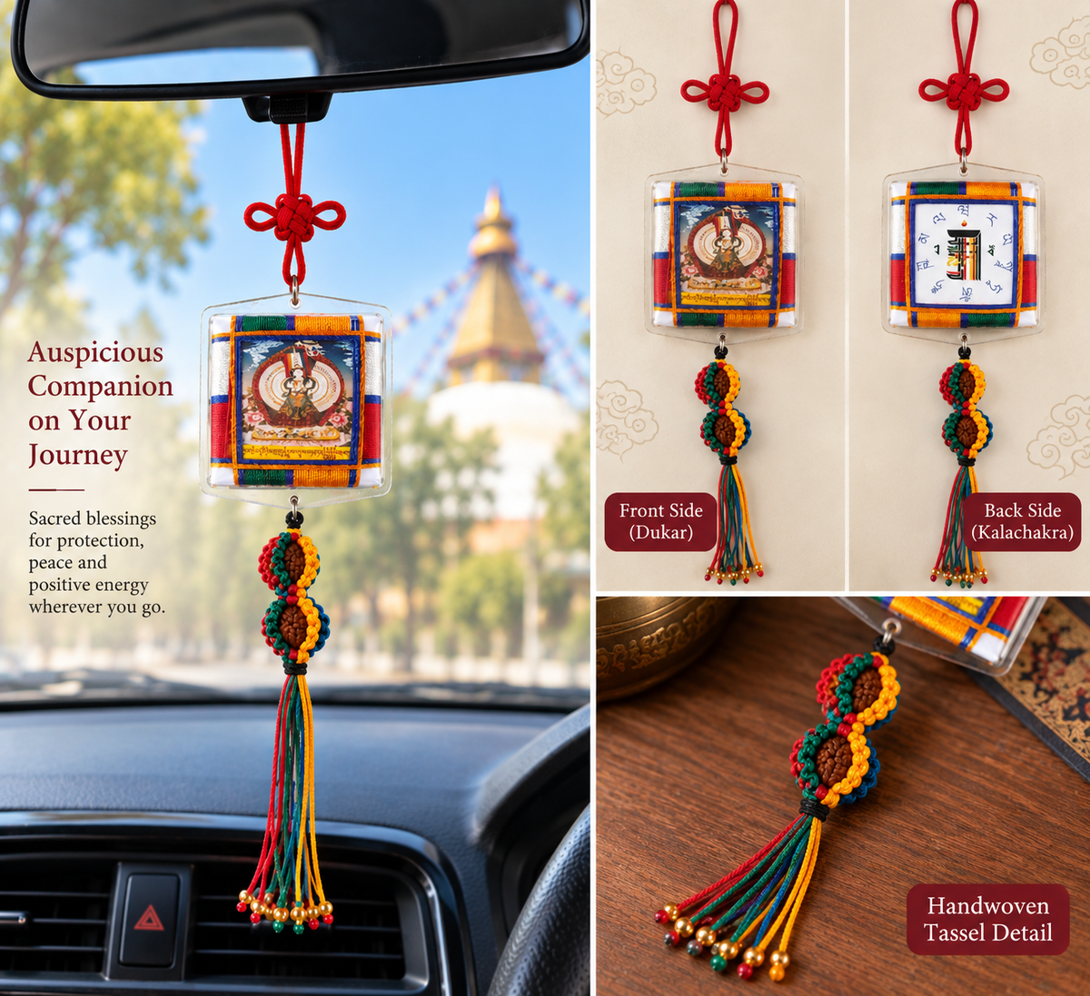Tibetan Buddhist Dukkar & Kalachakra Car Hanging – Double-Sided White Umbrella Protective Amulet / door hanging