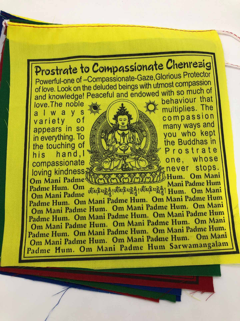 Tibetan buddhist 4 armed chenrezig mantra cotton prayer flag in English translation