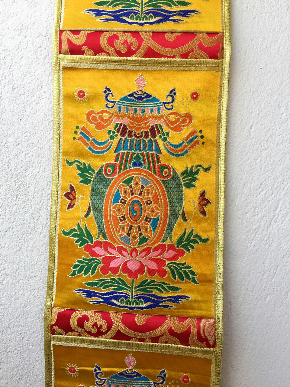 Tibetan yellow silk brocade Eight Lucky Symbol Letter Holder / Wall Hanging
