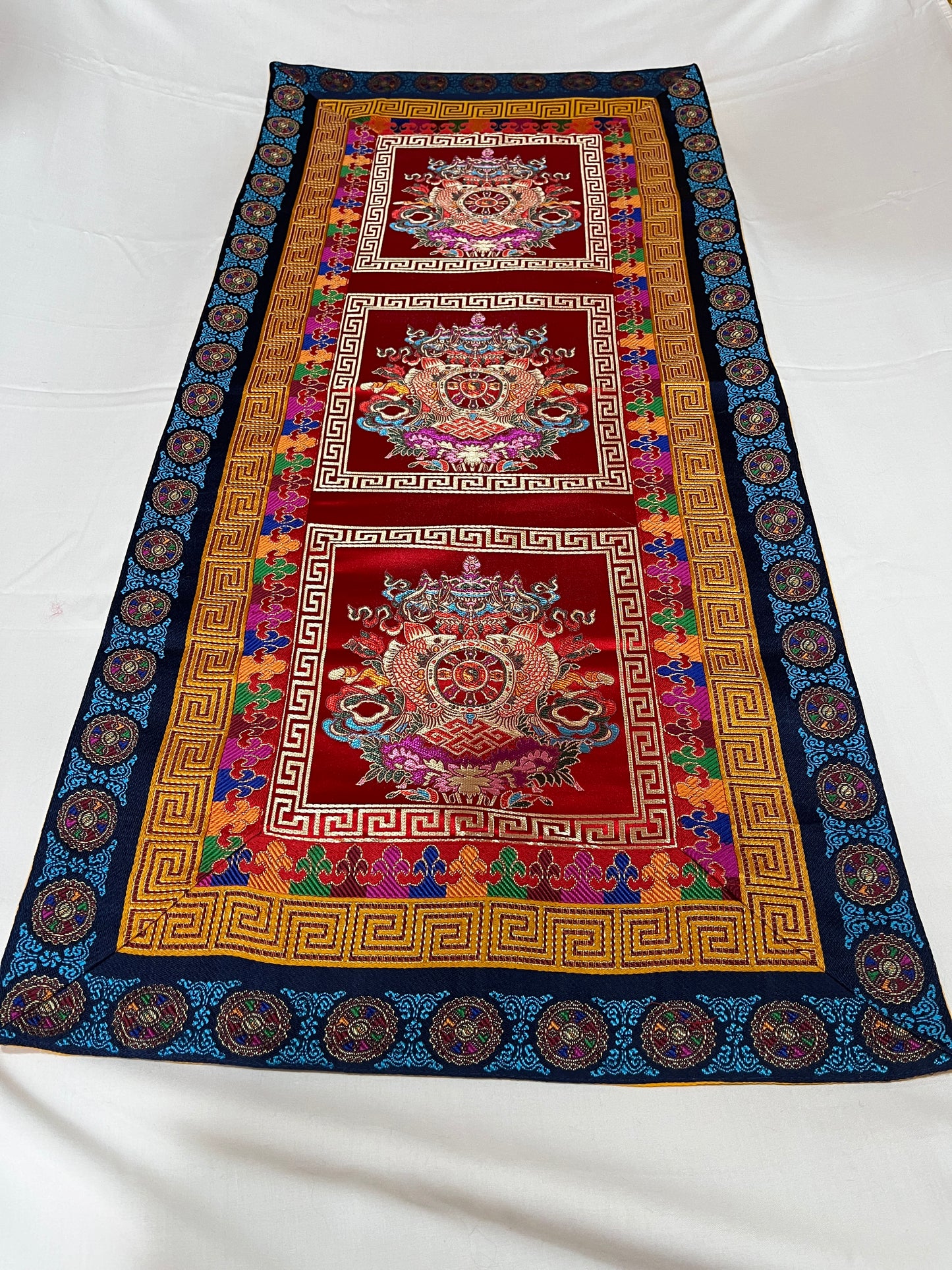 Tibetan buddhist auspicious symbol silk brocade table runner / table cloth / shrine cover