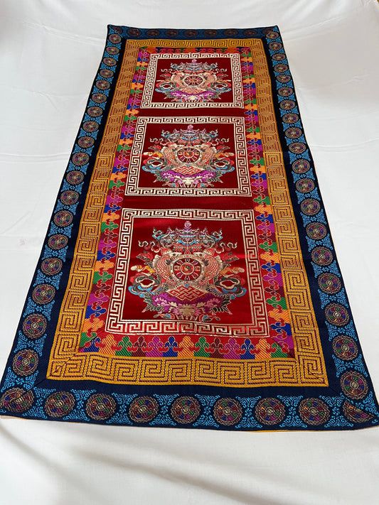 Tibetan buddhist auspicious symbol silk brocade table runner / table cloth / shrine cover