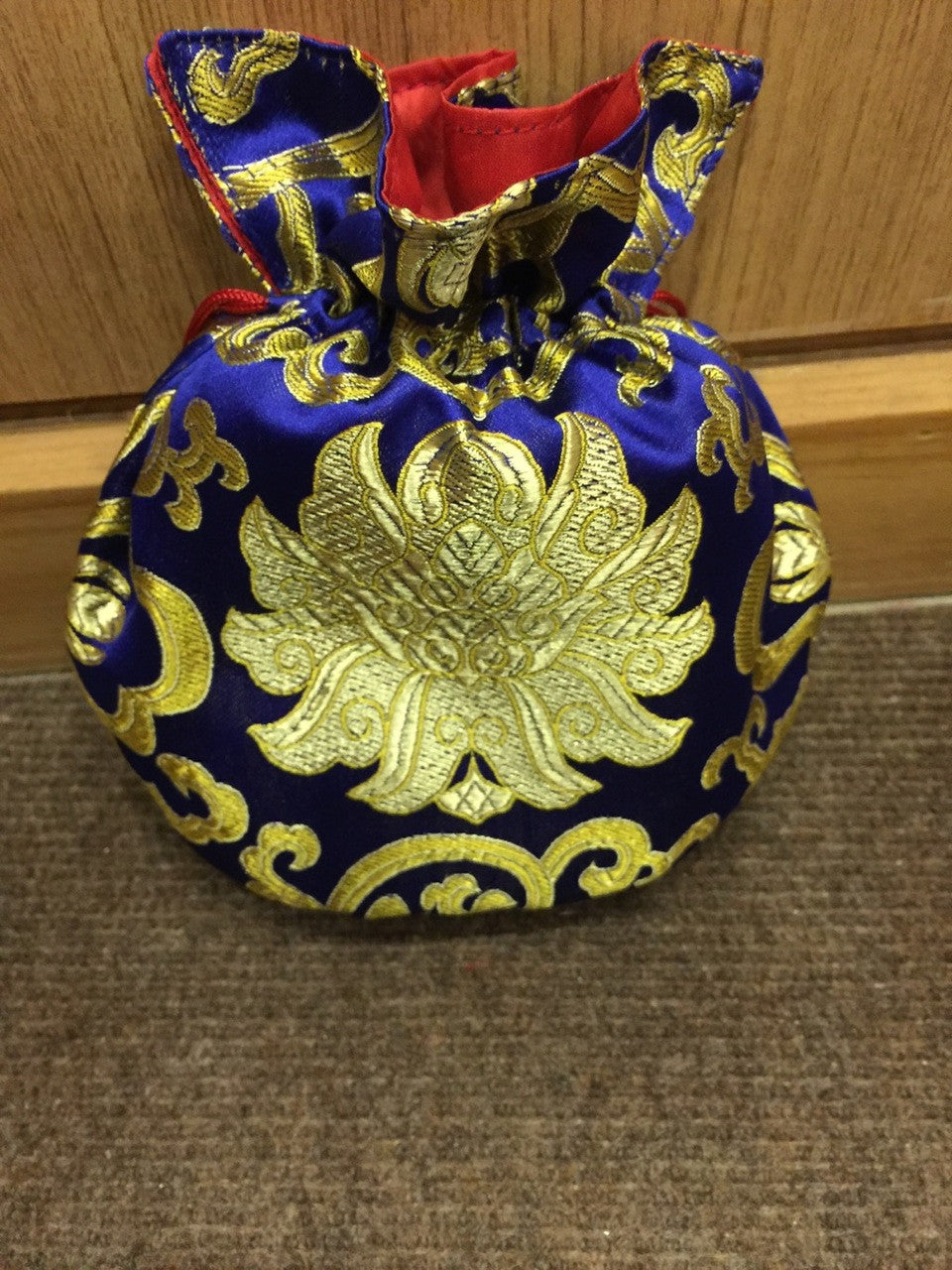 Sac mala en brocart de soie bleu motif lotus tibétain / pochette à bijoux / grande taille