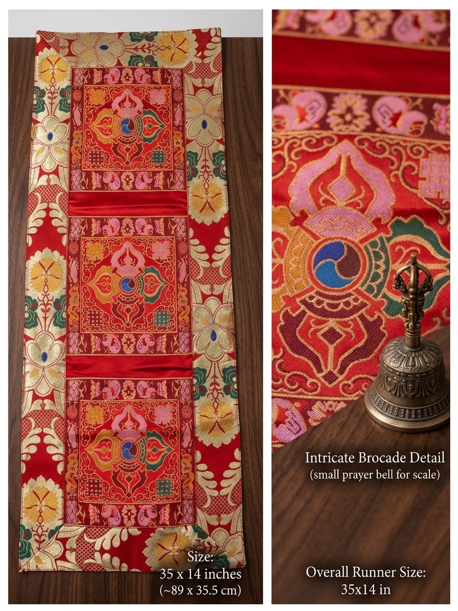 FREE SHIPPING TO USA -Tibetan Buddhist Silk Brocade Table Runner with Dorje Design / Table cloth – Handmade in Nepal
