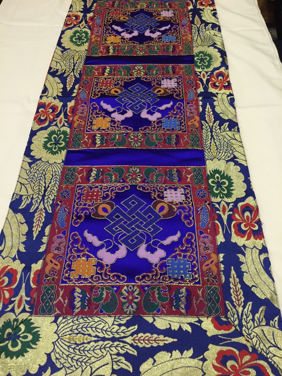Tibetan blue endless knot silk brocade table runner / shrine cover / altar cloth / table cover