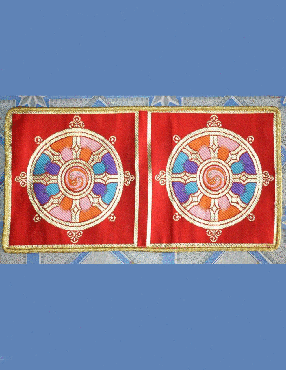Tibetan Wheel Of Life Silk Red Table Mat / Altar Cloth