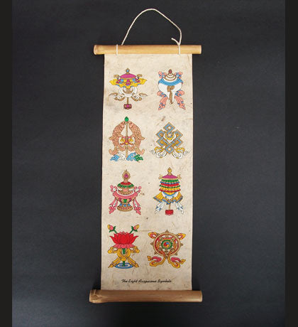Tibetisch-nepalesischer handgemachter Lokta-Wandbehang mit 8 Glückssymbolen