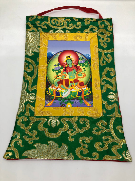 Thangka bouddhiste tibétain en brocart de soie vert Tara petit / tenture murale / impression sur toile de coton