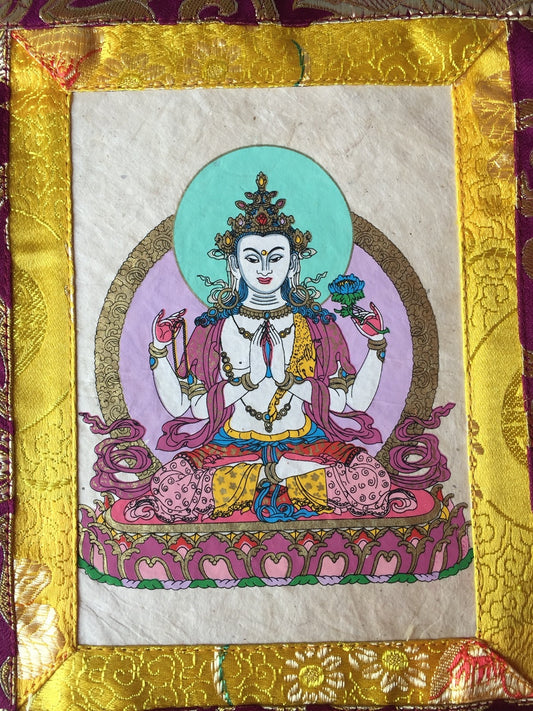 Thangka / tenture murale imprimée à la main de petite taille du bouddhisme tibétain Chenrezig