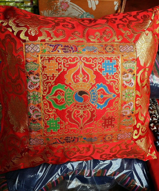 Housse de coussin / taies d'oreiller en brocart de soie rouge bouddhiste tibétain Double Dorje