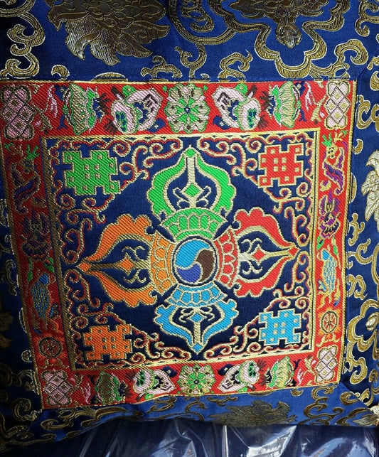 Housse de coussin en brocart de soie bouddhiste tibétain bleu Double Dorje / Taies d'oreiller Cross Vajra