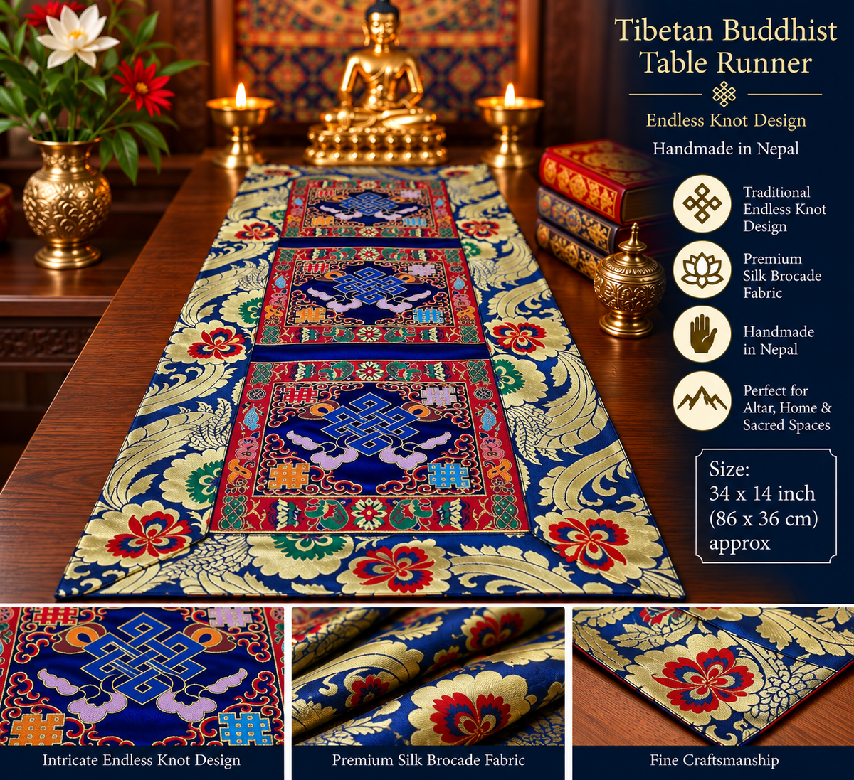 FREE SHIPPING TO USA 🇺🇸 | Tibetan Buddhist Endless Knot Table Runner/ Table cover Traditional Brocade Design | 14 x 34 Inch (36 x 86 cm)