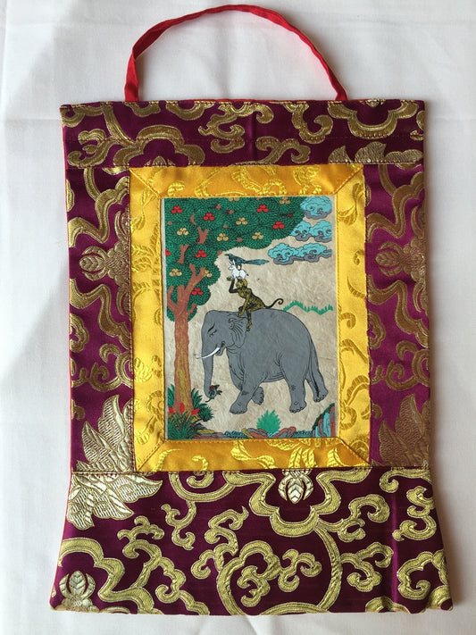 Thangka / tenture murale imprimée à la main de petite taille des quatre amis du bouddhisme tibétain