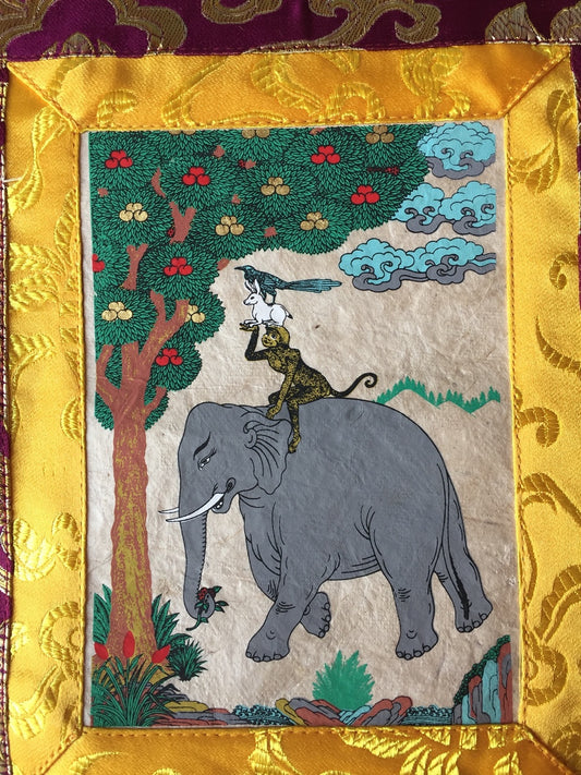 Thangka / tenture murale imprimée à la main de petite taille des quatre amis du bouddhisme tibétain