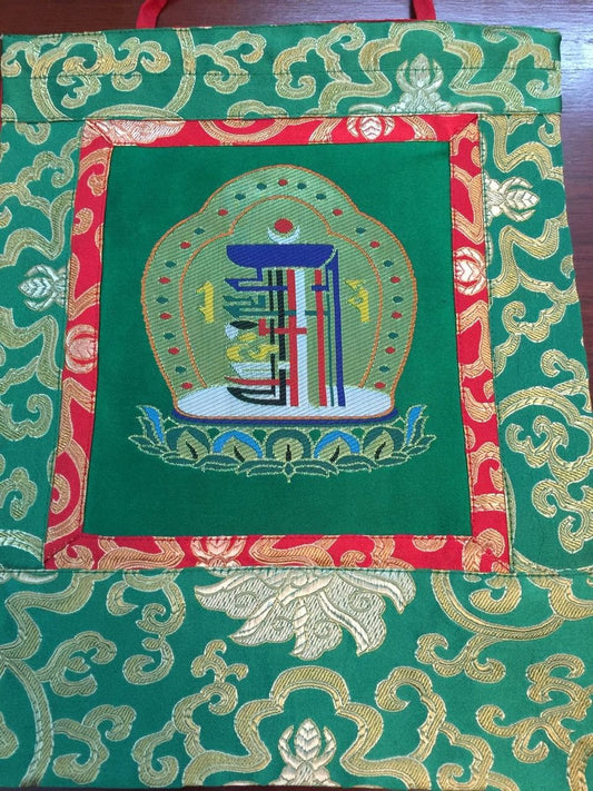 Tenture murale/thangka en brocart de soie vert Kalachakra du bouddhisme tibétain