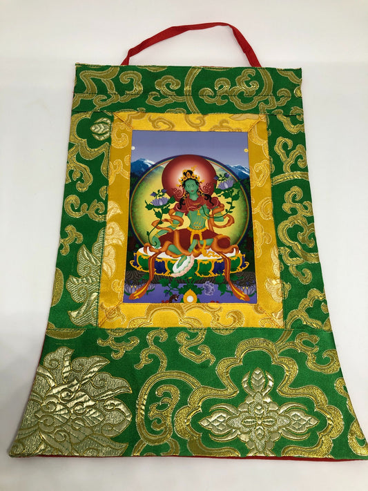Thangka / tenture murale en brocart de soie tibétaine vert Tara Dolma