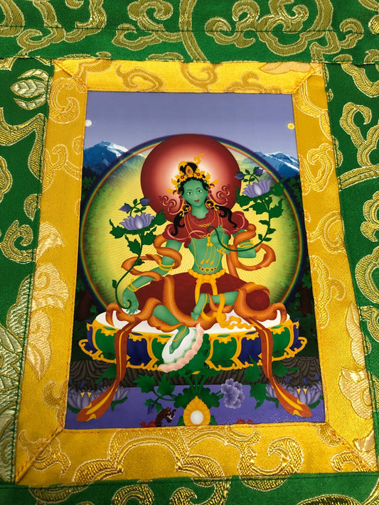 Thangka / tenture murale en brocart de soie tibétaine vert Tara Dolma