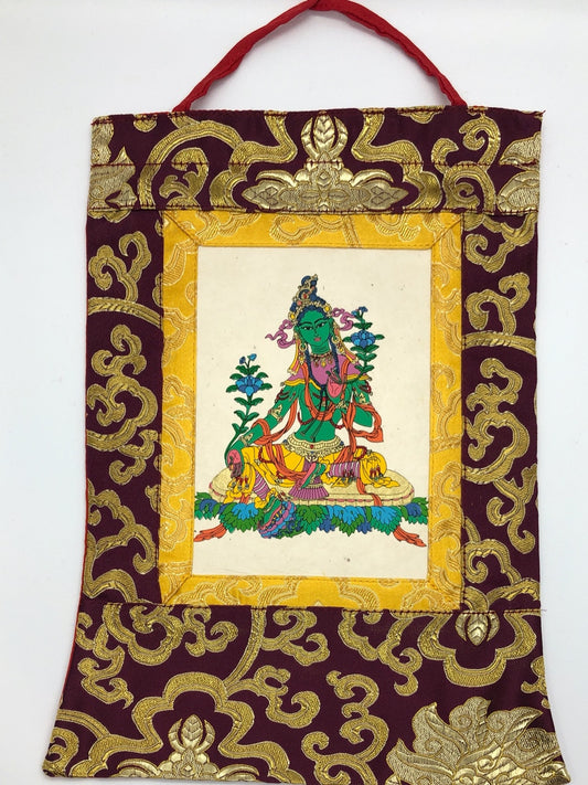 Thangka / tenture murale imprimée à la main de petite taille du bouddhisme tibétain Tara verte