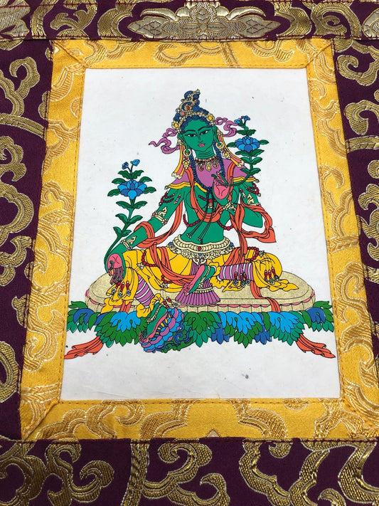 Thangka / tenture murale imprimée à la main de petite taille du bouddhisme tibétain Tara verte