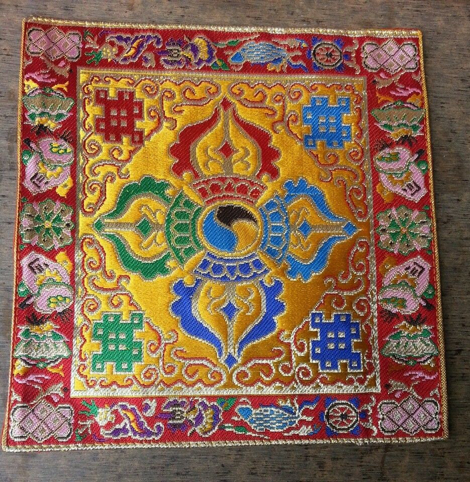 Tibetan yellow silk brocade double dorje shrine placemat / table cover