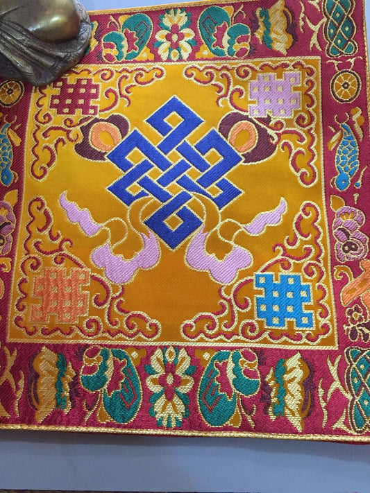 Tibetan yellow silk brocade endless knot shrine placemat / table cover / altar cloth