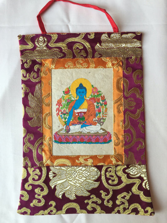 Bouddha de médecine du bouddhisme tibétain, petit thangka imprimé à la main / tenture murale