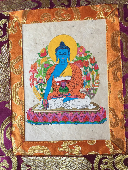 Bouddha de médecine du bouddhisme tibétain, petit thangka imprimé à la main / tenture murale