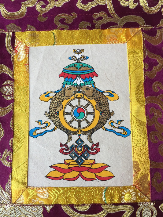 Petit thangka / tenture murale imprimé à la main, symbole de bon augure du bouddhisme tibétain