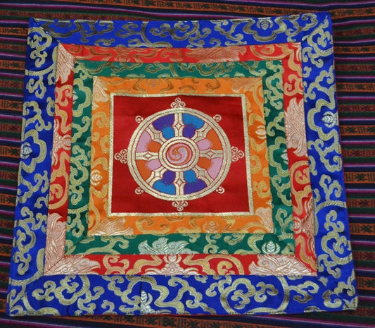 Tibetan silk brocade multi colored wheel of life shrine table cover / altar cloth