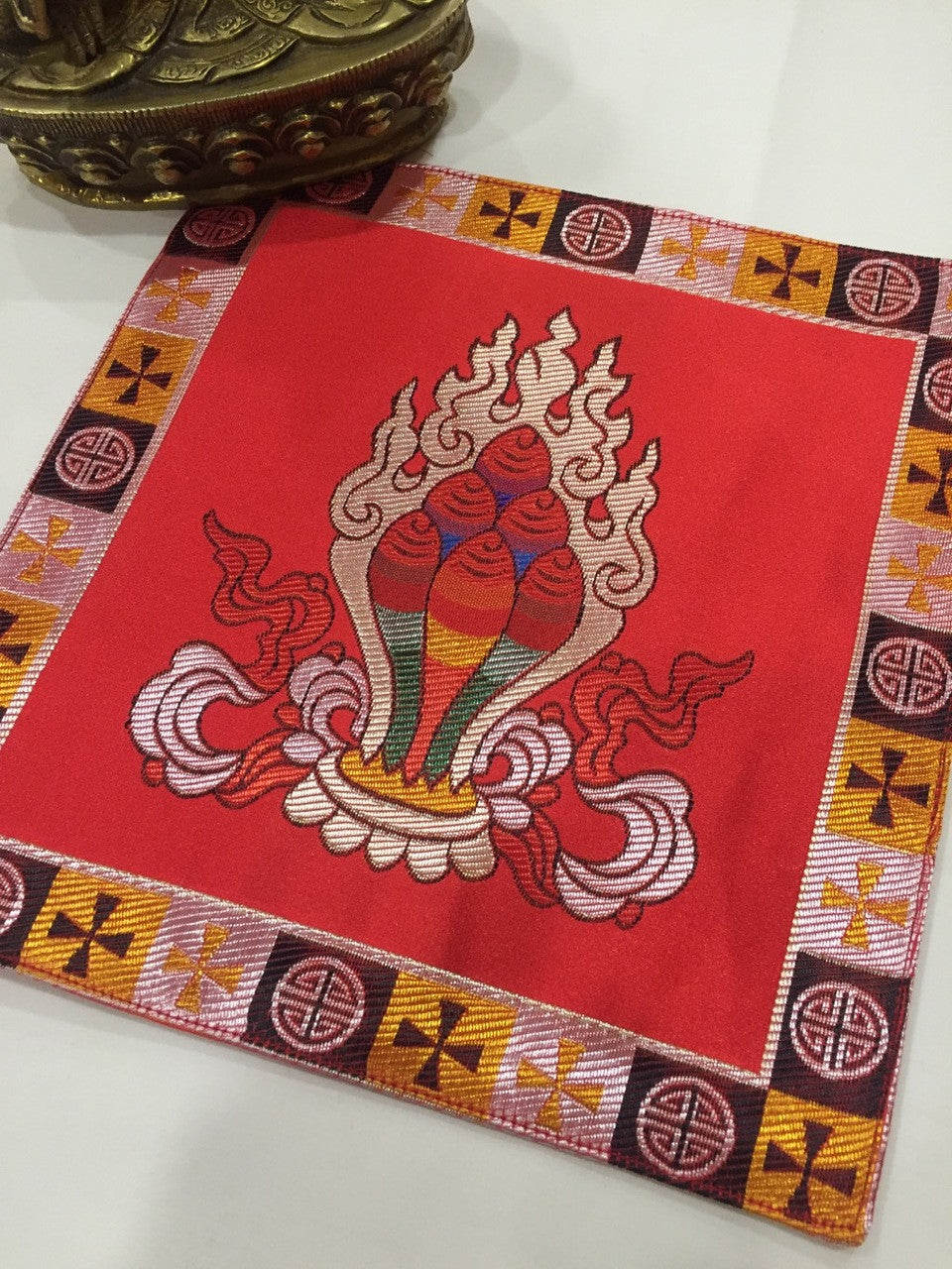 Tibetan buddhist silk brocade red Norbu / precious jewel placemat / table cover / altar cloth