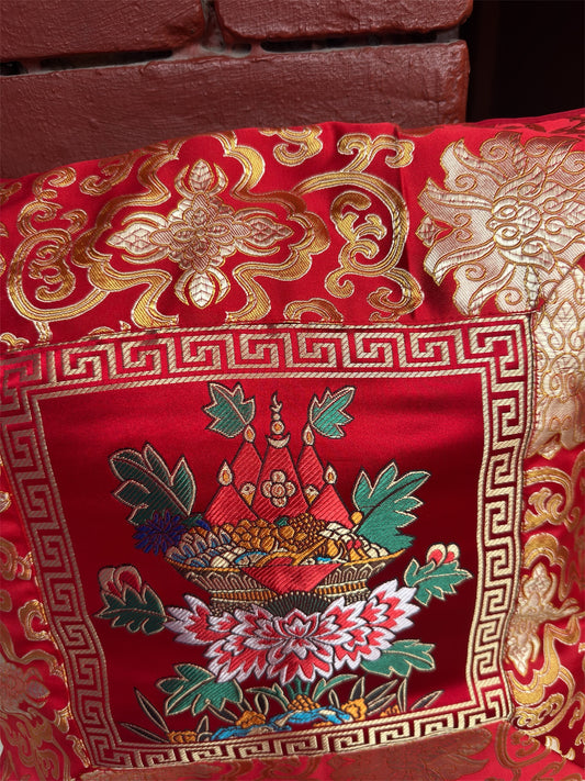 Tibetan buddhist silk Brocade Red Cushion Cover – Auspicious Offering Basket Motif / pillow cover