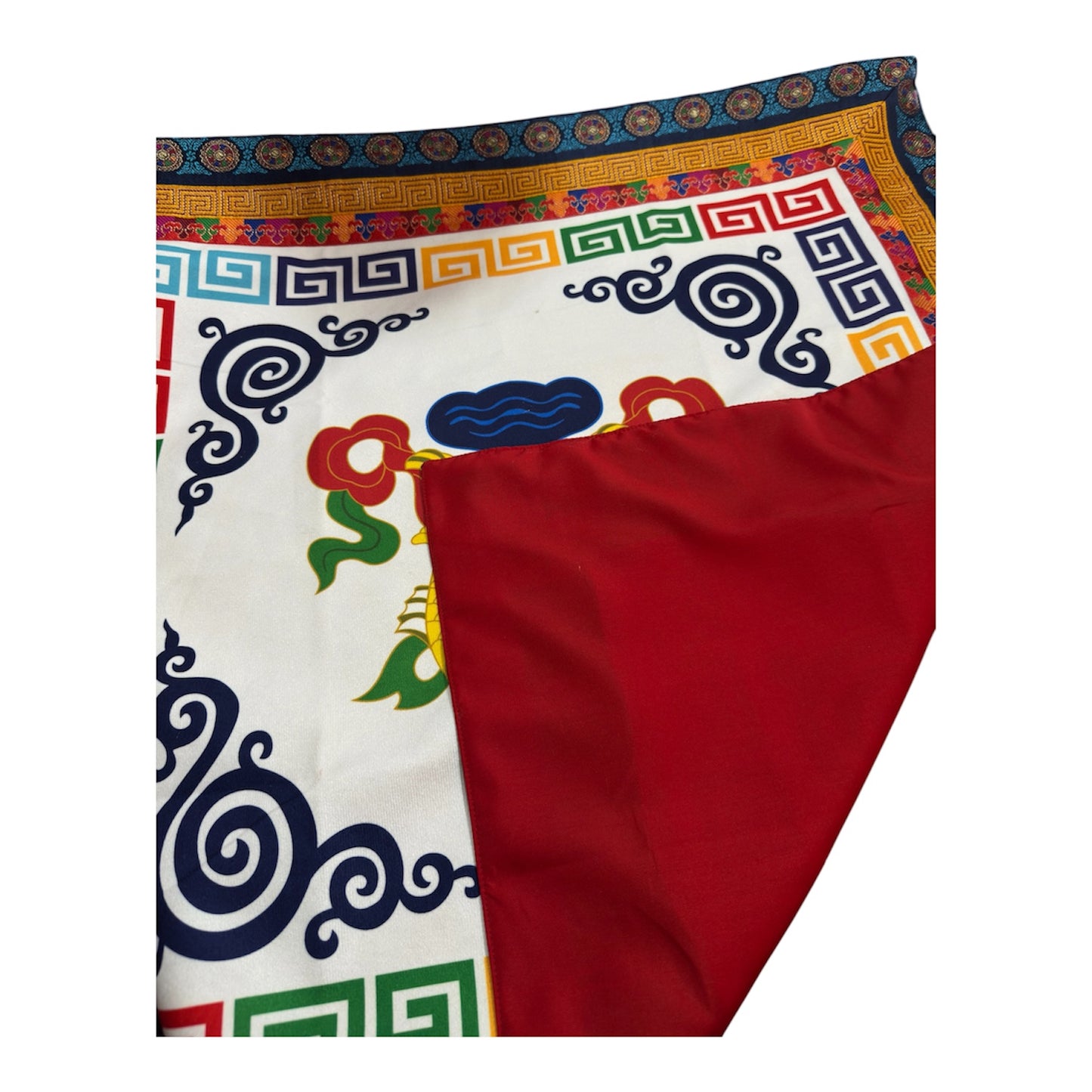 Tibetan brocade auspicious symbol table cover with wheel of life border / altar cloth