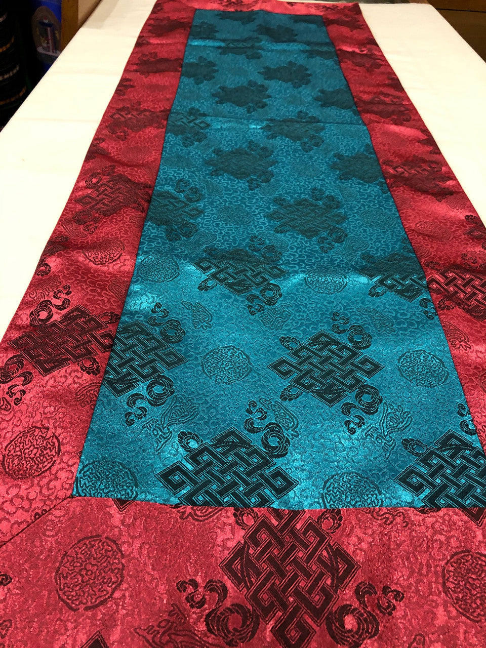 Tibetan buddhist turquoise endless knot silk brocade table runner / altar cloth / shrine cover