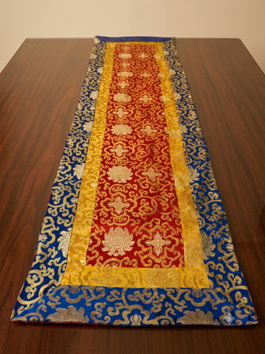 Long Tibetan Shrine Table Cover – Handmade Silk Brocade Lotus Design, Traditional Buddhist Altar Runner
