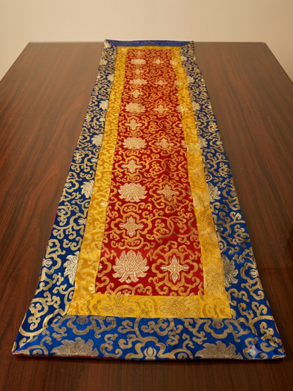 Long Tibetan Shrine Table Cover – Handmade Silk Brocade Lotus Design, Traditional Buddhist Altar Runner