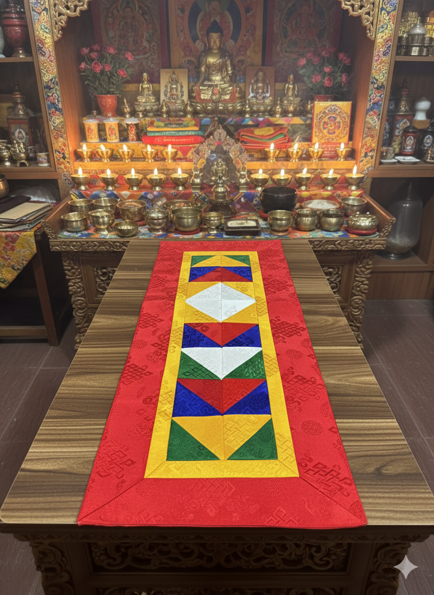 Tibetan buddhist endless knot light silk brocade table runner / shrine cover / red cloth