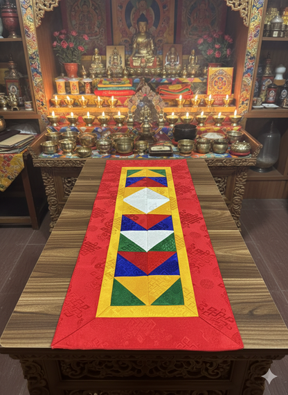 Tibetan buddhist endless knot light silk brocade table runner / shrine cover / red cloth