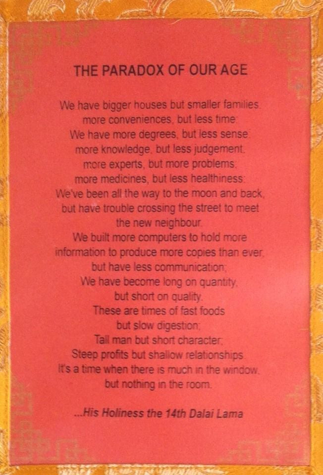 Dalai Lama Message Thangka / Wall Hanging / quotes / The Paradox of Our Age