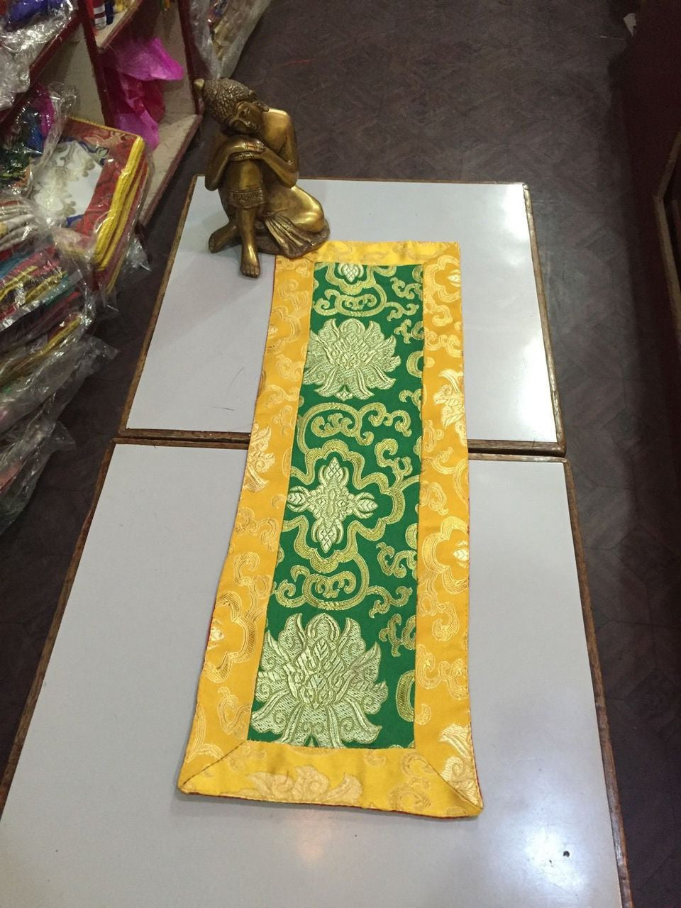 Tibetan Green Lotus Design silk brocade table Mat