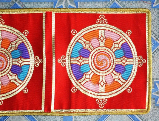 Tibetan Wheel Of Life Silk Red Table Mat / Altar Cloth