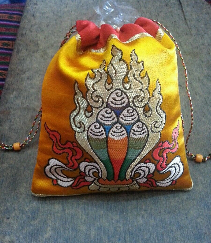 Tibetan high quality silk brocade norbu design Mala Bag /Jewelry Pouches Yellow