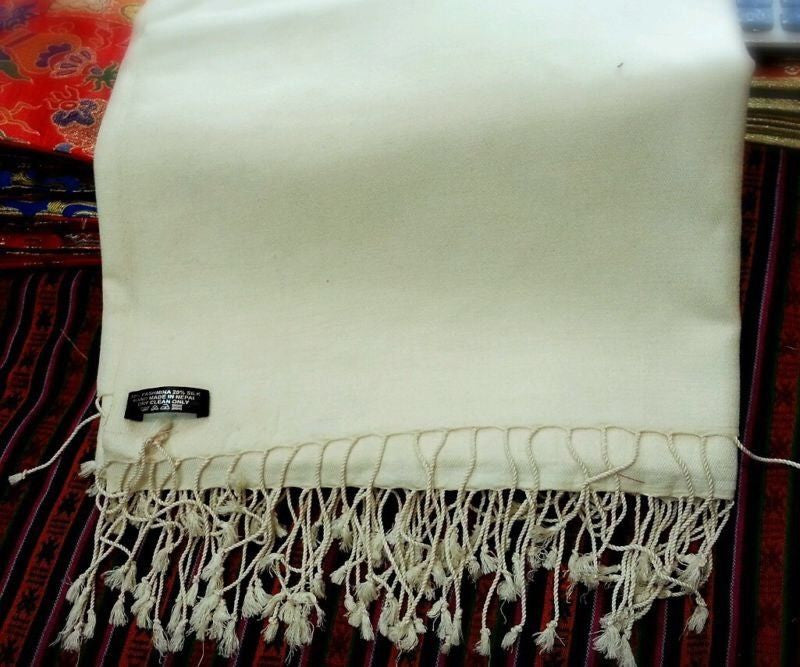 Tibetan pashmina and silk White Meditation shawl / Large Ngakpa Shawl /2.6 Meter