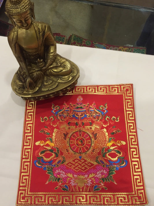 Tibetan buddhist silk brocade red eight auspicious symbol placemat / table cover / altar cloth