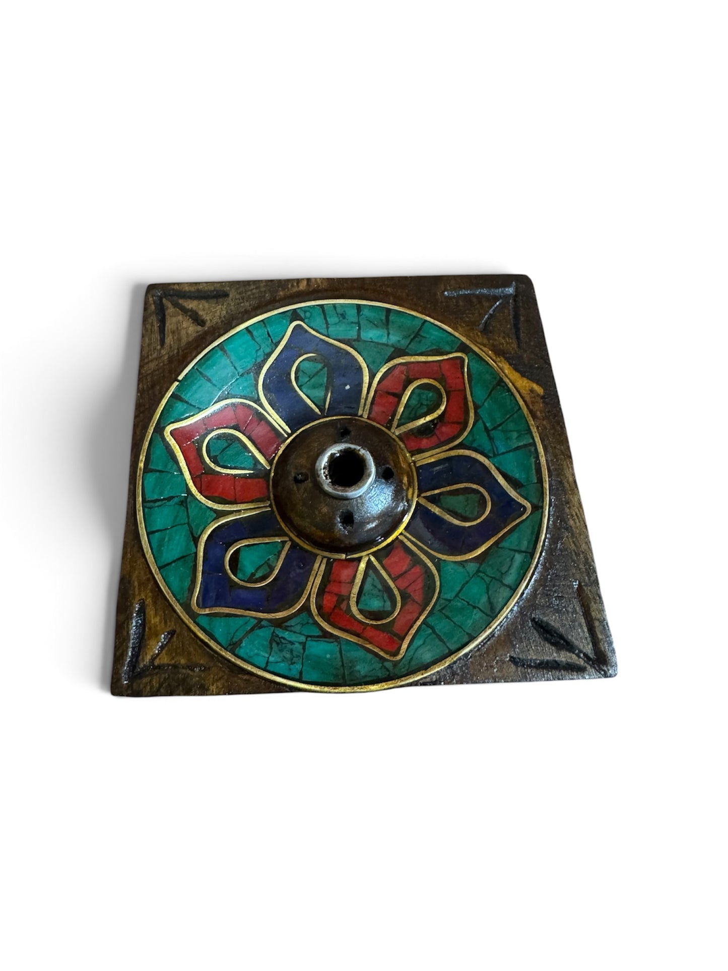 Buddhist Antique Finish Square Incense Holder – Handmade in Nepal, Turquoise, Lapis & Red Inlay