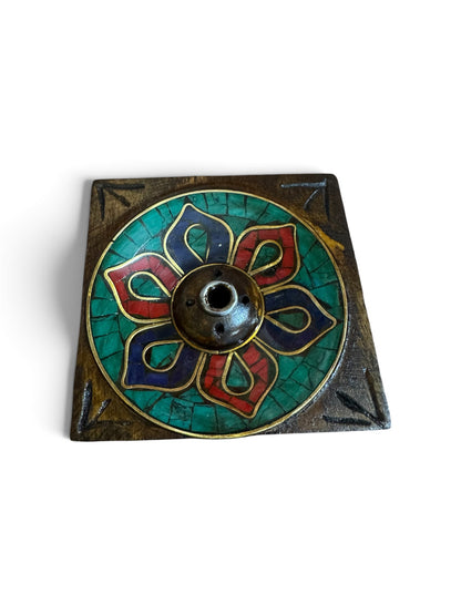 Buddhist Antique Finish Square Incense Holder – Handmade in Nepal, Turquoise, Lapis & Red Inlay