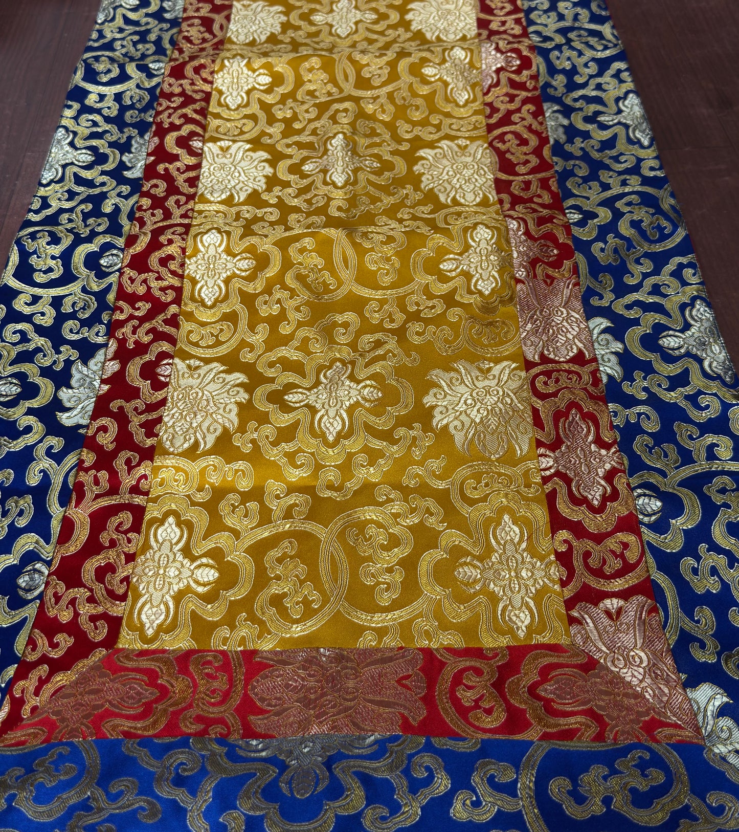 Long Tibetan Shrine Table Cover – Handmade Silk Brocade Lotus Design, Traditional Buddhist Altar Runner
